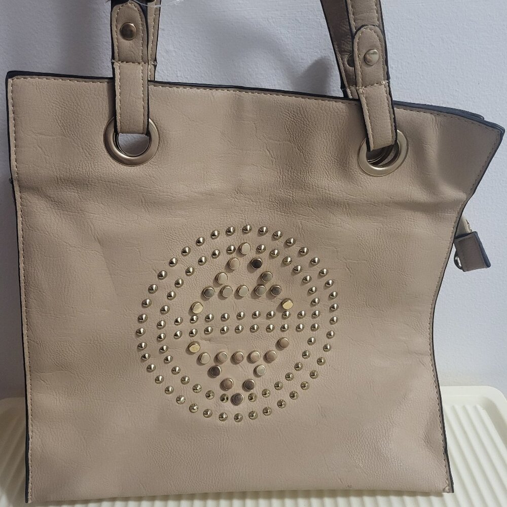 Studded Medallion Faux Leather (?) Tote - Beige/Taupe